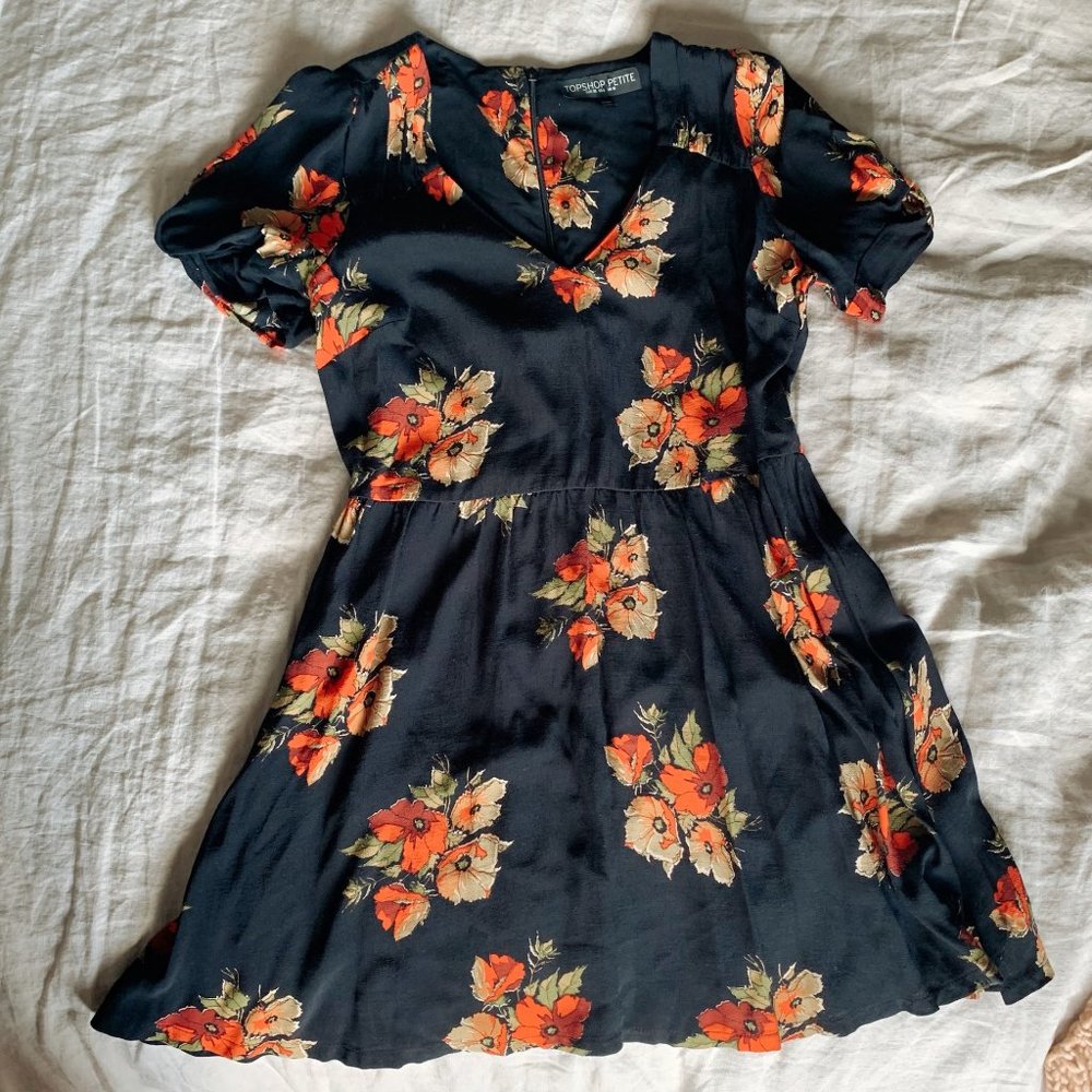 Topshop Black Floral Puff Sleeve Tea Dress